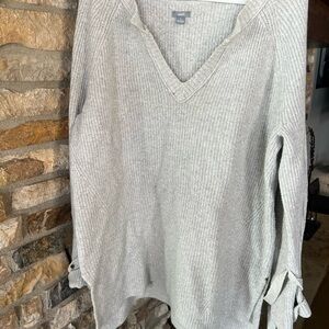 Gray V-Neck Sweater with Tie Sleeves